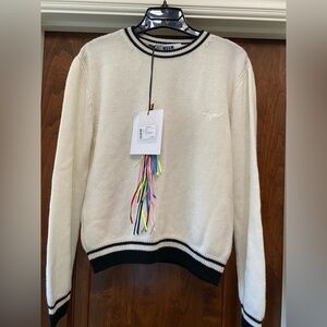 MSGM Women’s Wool Cashmere Crewneck Sweater in ivory with black Sz M NWT